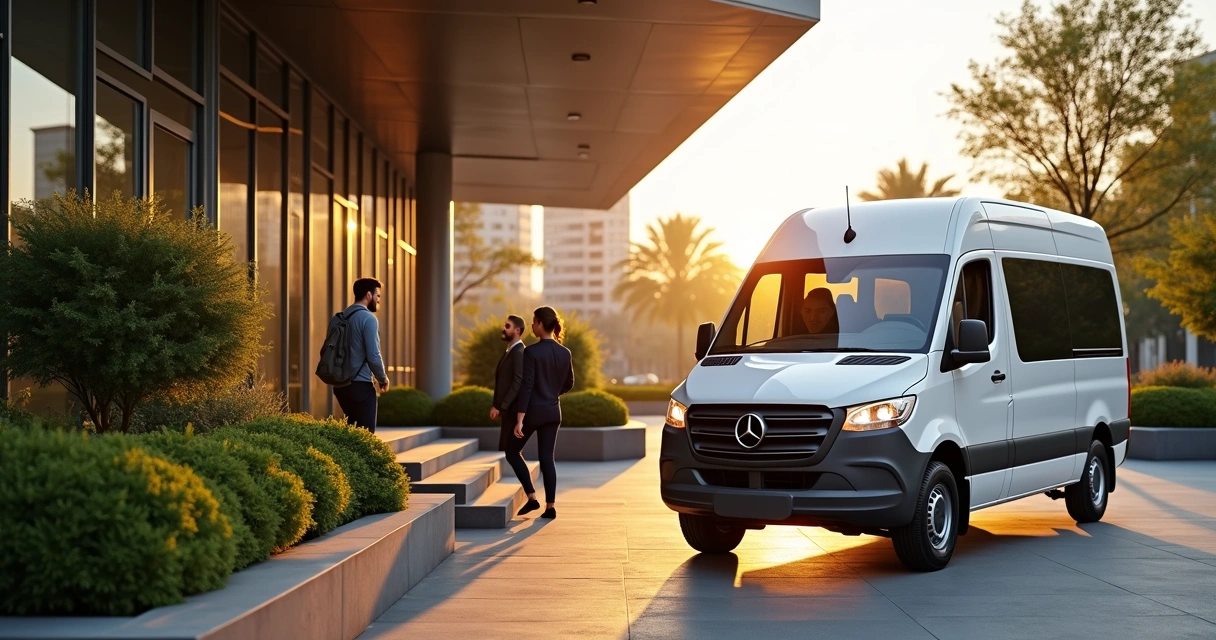Colaboradores embarcando em van fretada em frente à empresa 