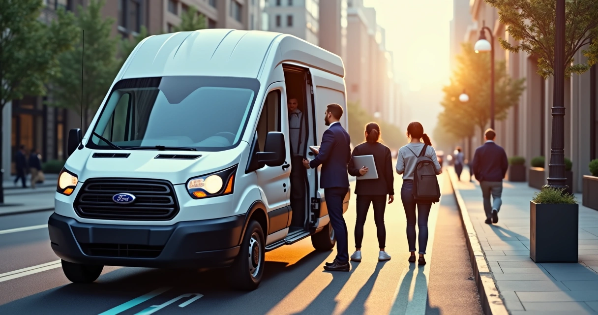 Equipe embarcando em van corporativa em rota personalizada 