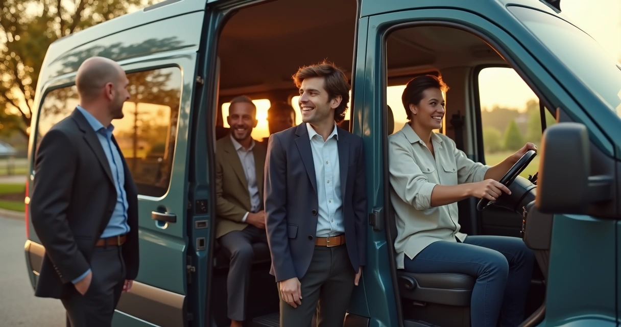 Funcionários embarcando em van para início de jornada de trabalho 