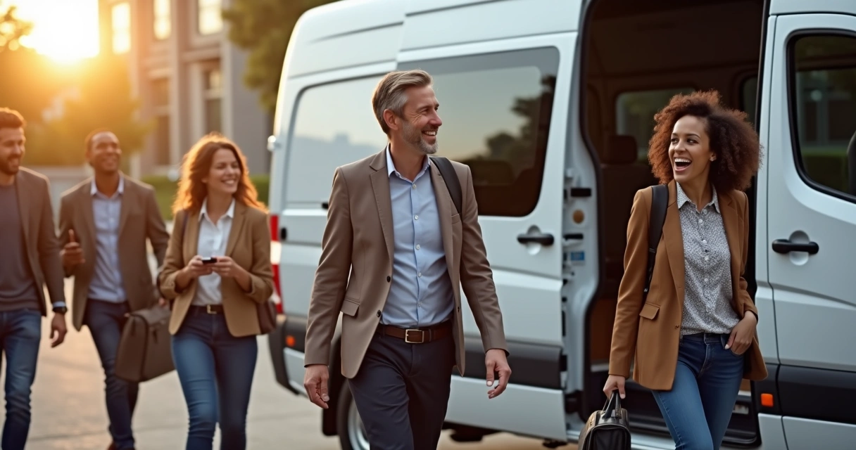 Colaboradores embarcando sorridentes em van corporativa moderna 