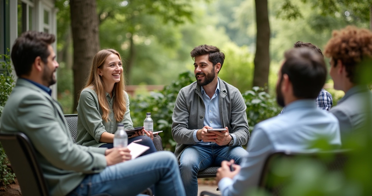 Colaboradores de uma empresa reunidos em ambiente natural ao ar livre 