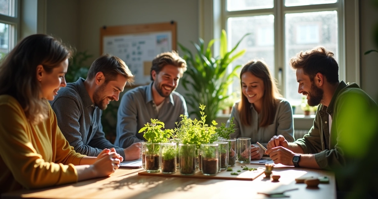 Colaboradores trabalhando em projeto sustentável 