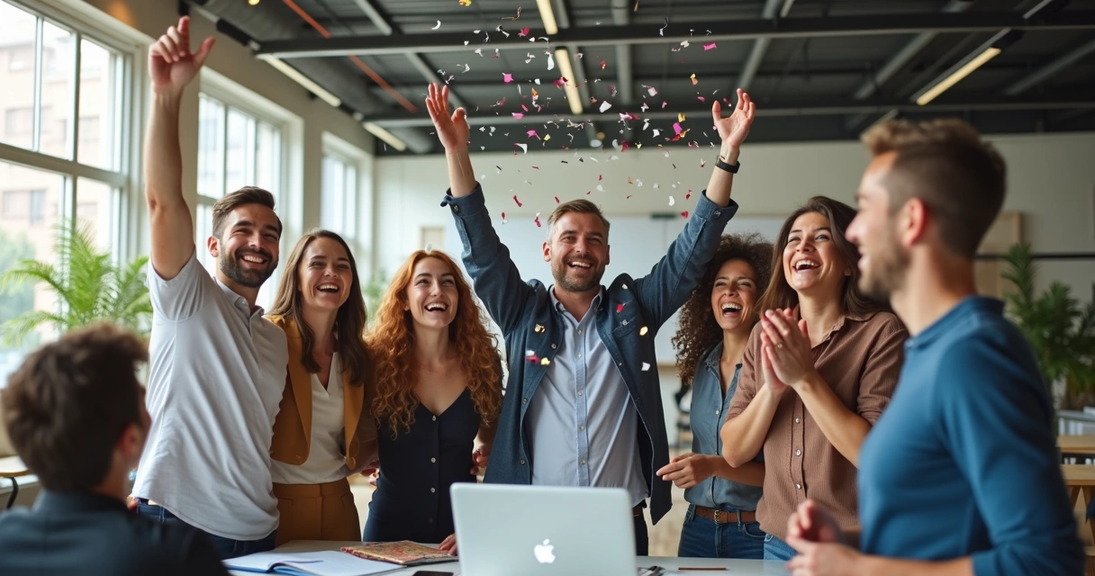 Colaboradores engajados celebrando meta alcançada 