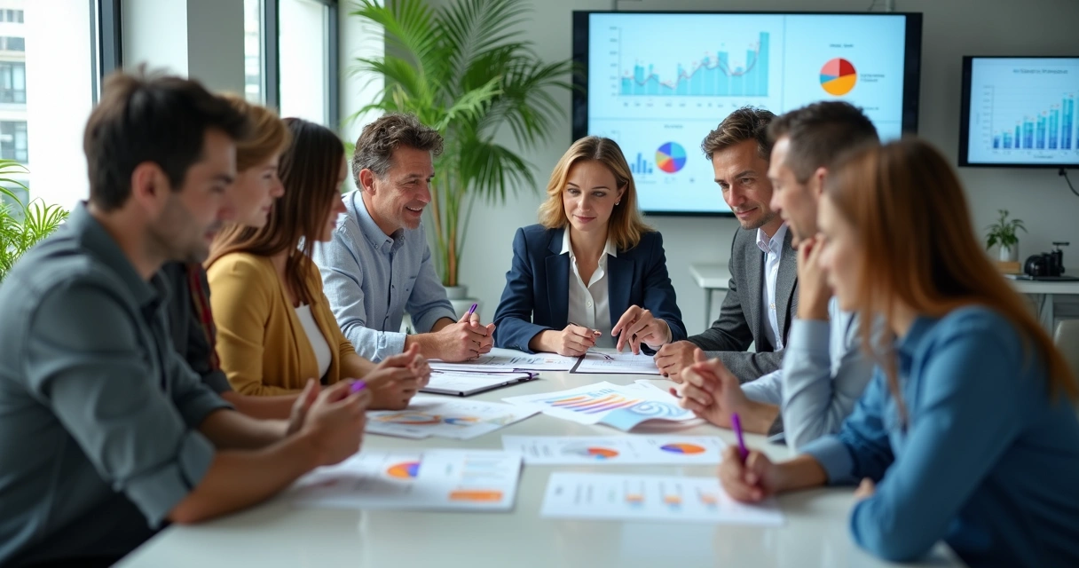 Colaboradores reunidos ao redor de mesa, discutindo com gráficos financeiros em painéis. 