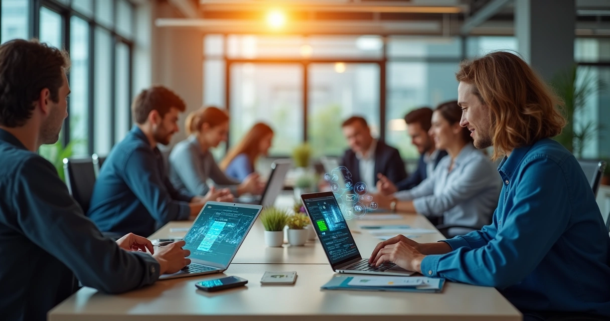 Grupo de colaboradores em um escritório moderno, cada um usando diferentes dispositivos para acessar canais como WhatsApp, Teams e Slack 