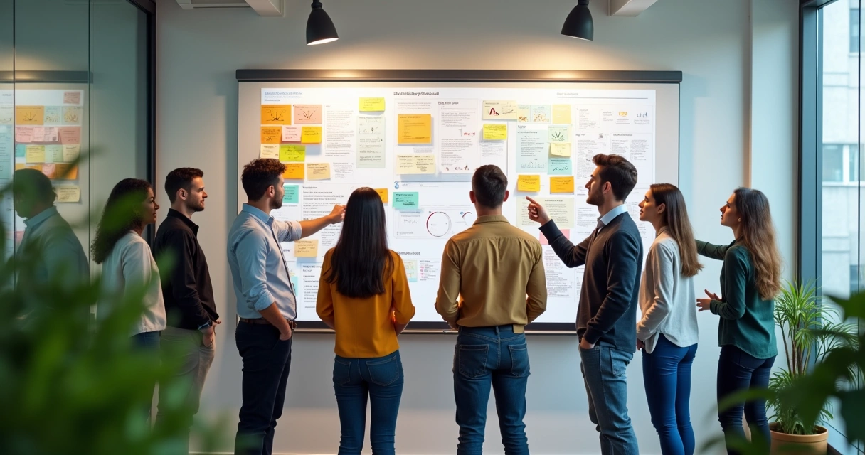 Colaboradores reunidos interagindo em frente a quadro de OKRs 