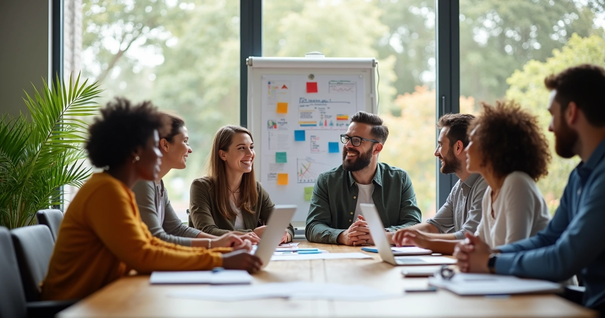 Equipe de colaboradores participando entusiasmados de uma reunião 