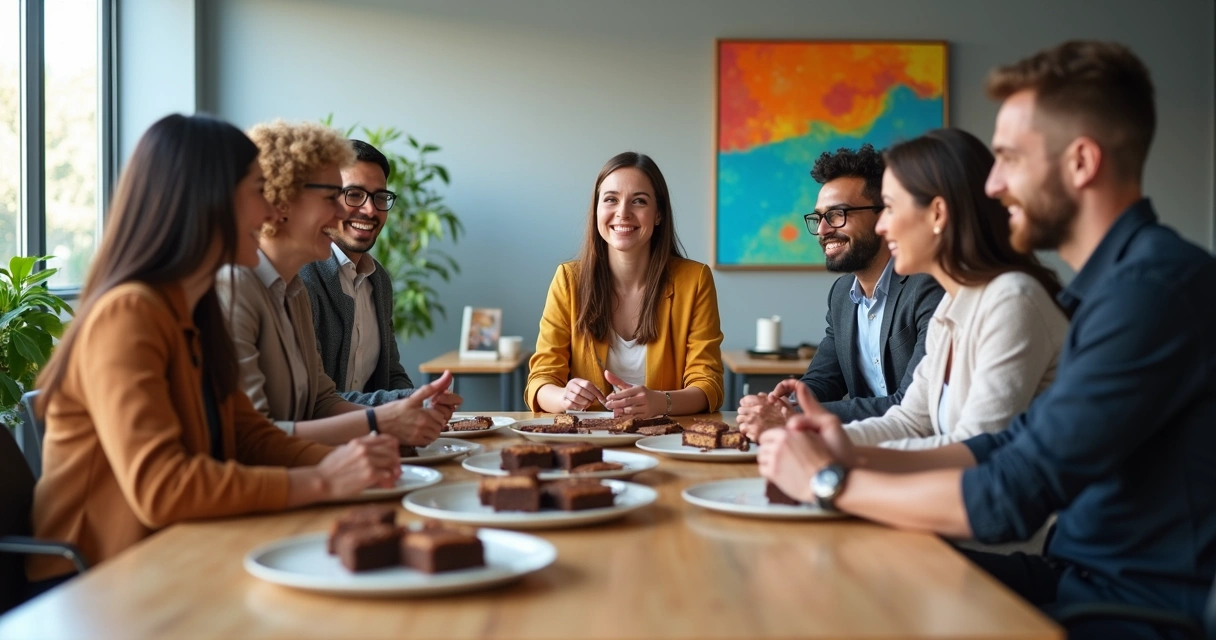 Equipe de colaboradores em reunião informal com brownies e cookies artesanais sobre a mesa, ambiente moderno e iluminado, comunicação ativa e descontraída 