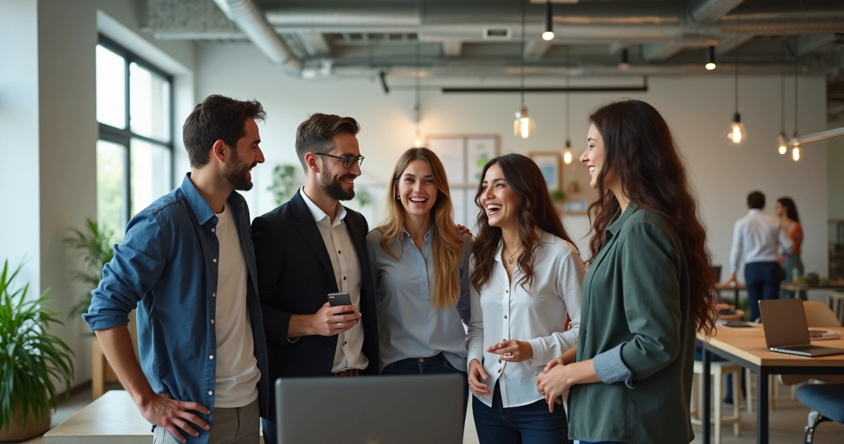 Grupo de colegas de trabalho sorrindo e interagindo de pé