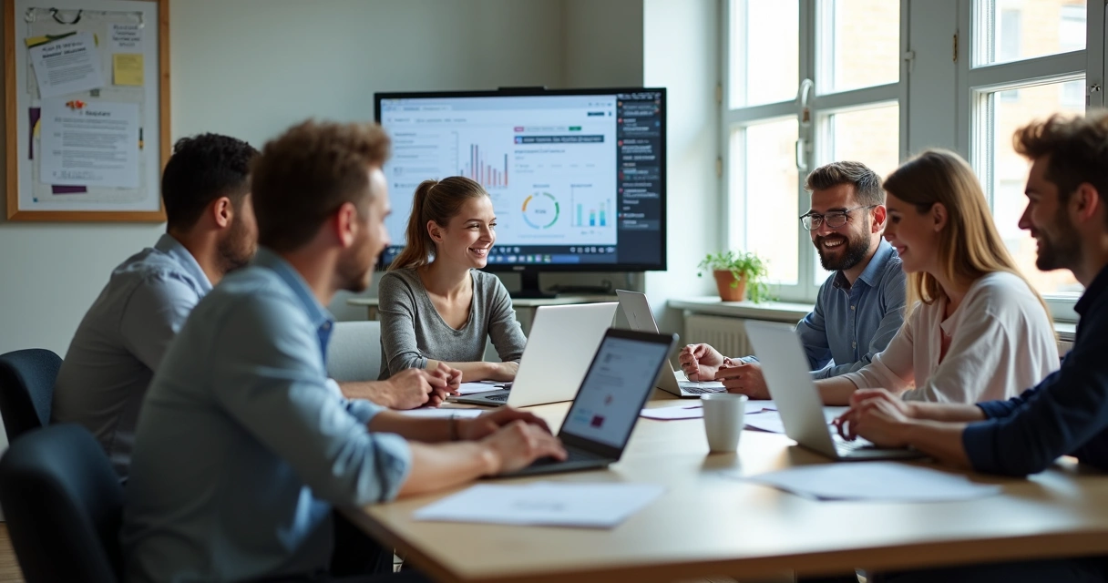 Equipe de colaboradores engajada em sessão de treinamento online