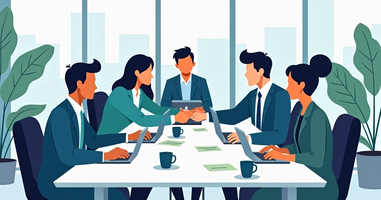 Colaboradores reunidos em torno de uma mesa com papéis e notebook 