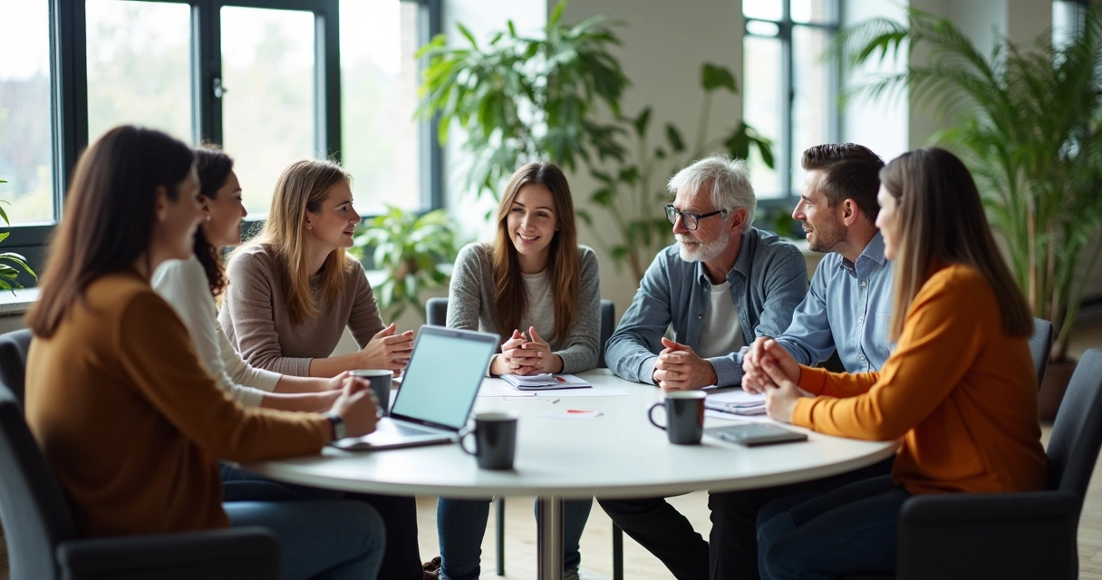 Equipe diversa de diferentes idades em reunião colaborativa em escritório