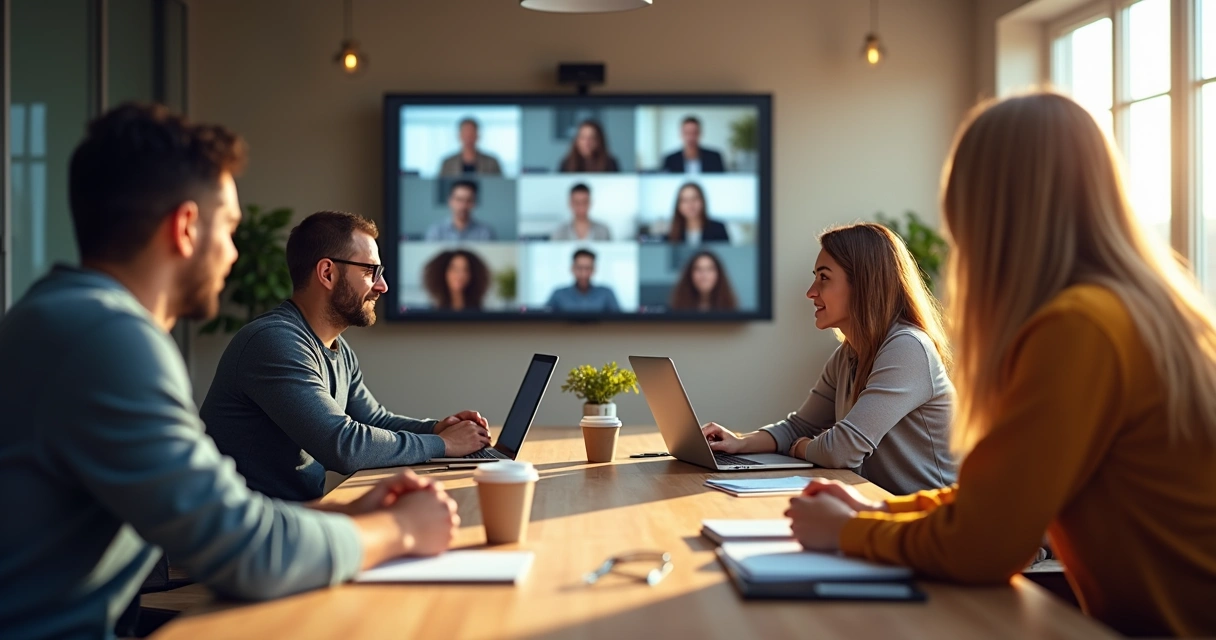 Colegas conversando em reunião com parte da equipe presente e parte em vídeo chamada, sala iluminada 