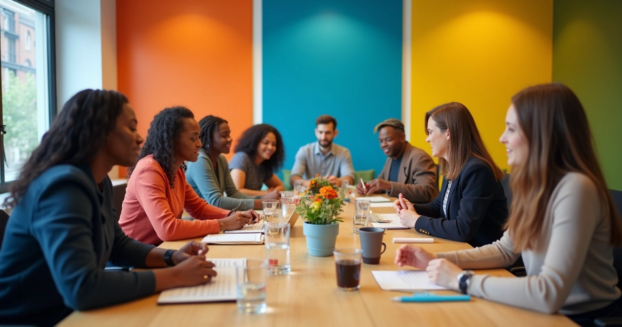 Colaboradores trabalhando juntos em escritório moderno com fundo colorido 
