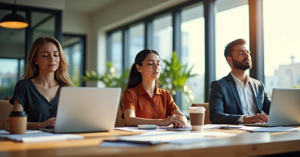 Três profissionais sentados à mesa realizando meditação no escritório. 