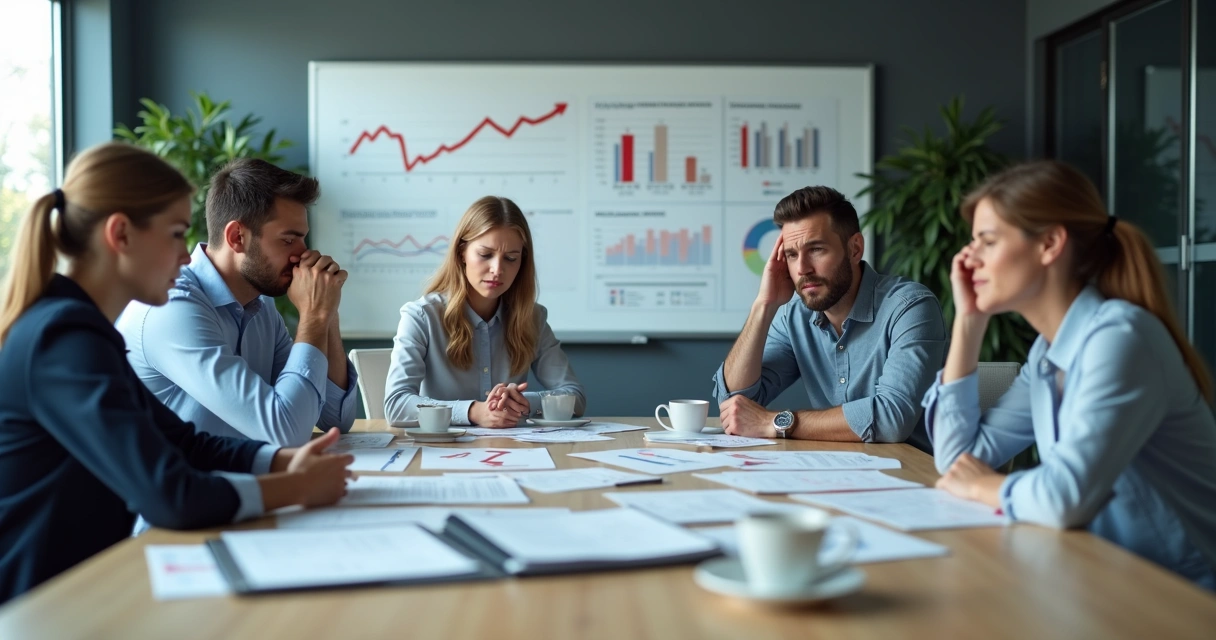 Colaboradores estressados em reunião com gráficos de resultados negativos 