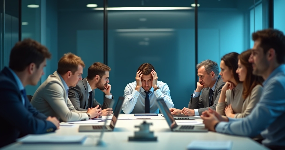 Colaboradores cansados sentados em uma mesa de reunião 