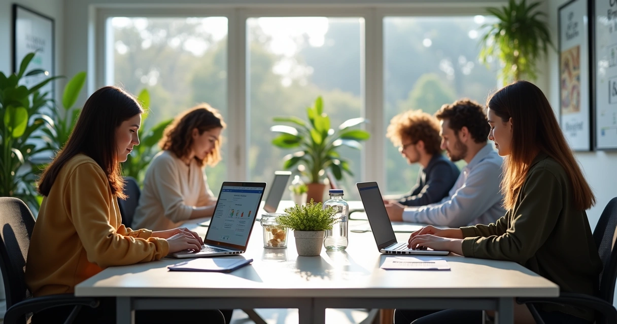 Colaboradores usando plataforma LMS em laptops 