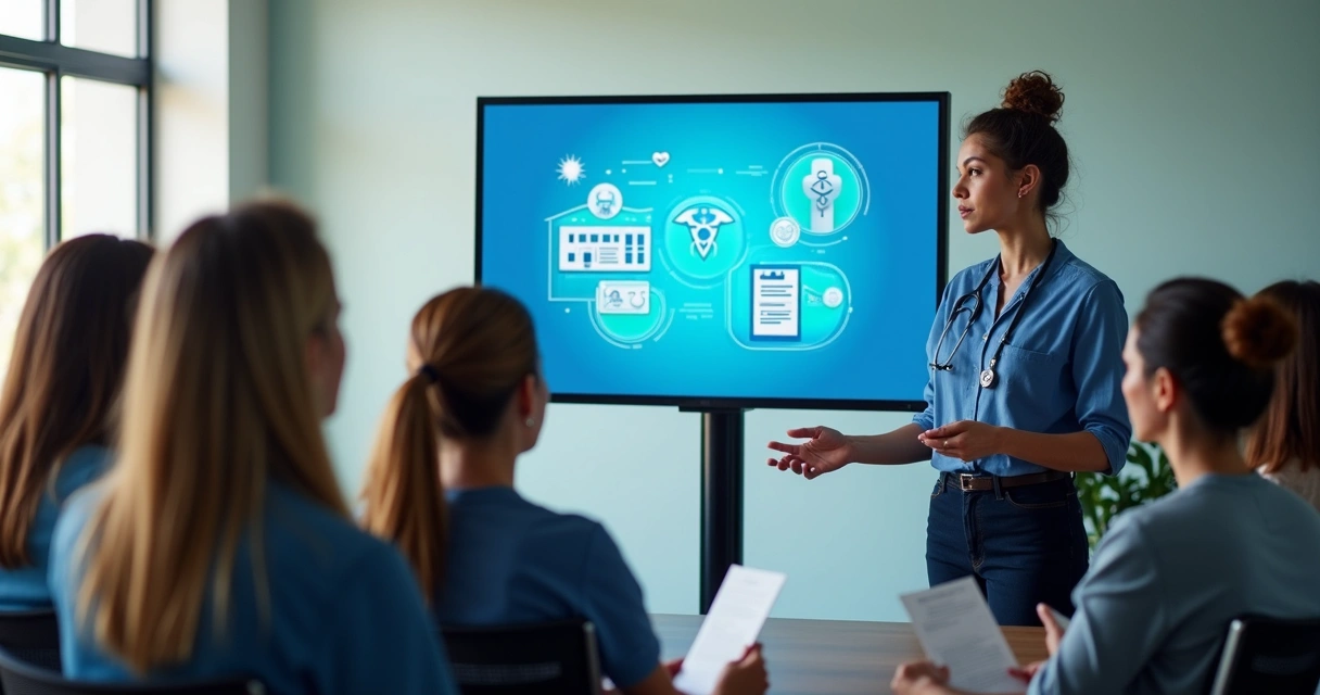 Funcionário explicando benefícios do plano de saúde para colegas em reunião. 