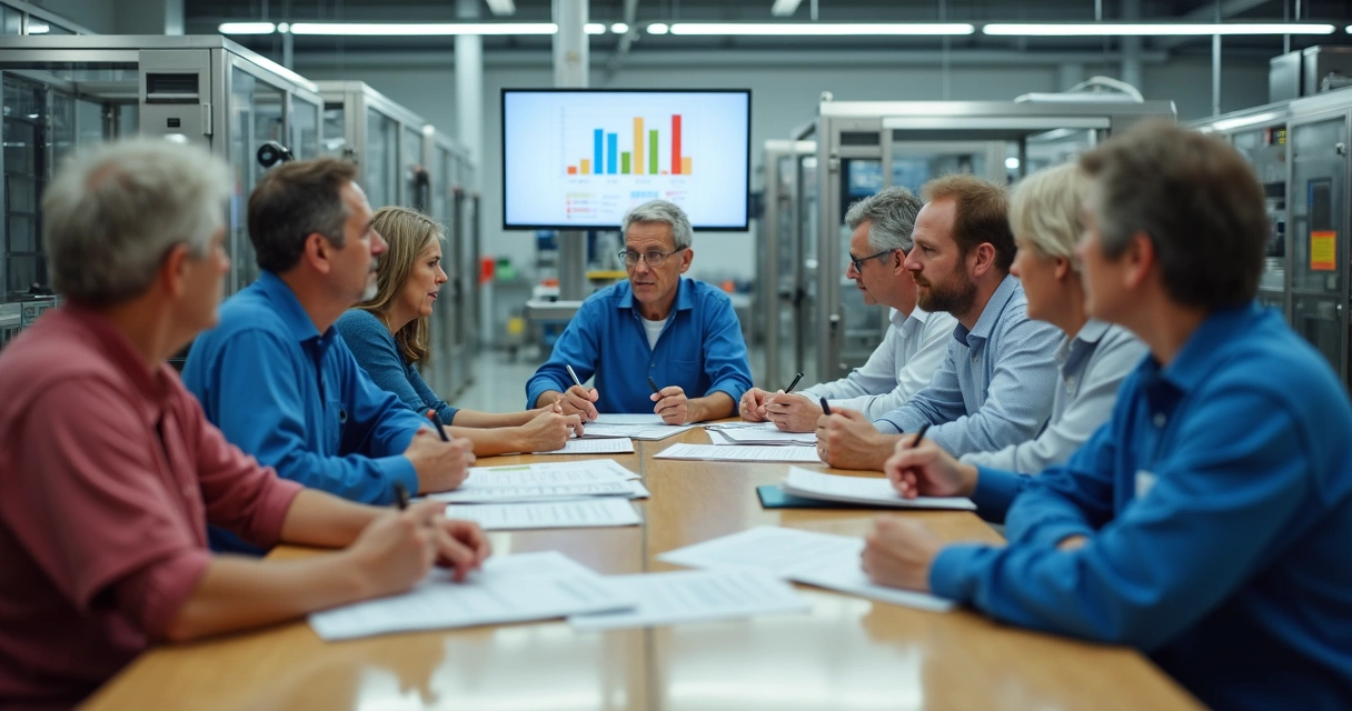 Colaboradores discutindo ideias em fábrica de alimentos 