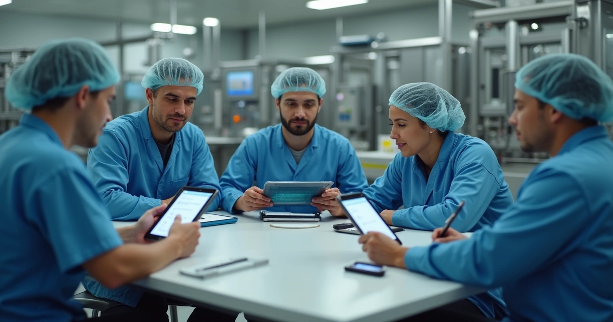 Equipe de fábrica alimentícia reunida em breve reunião de passagem de turno 