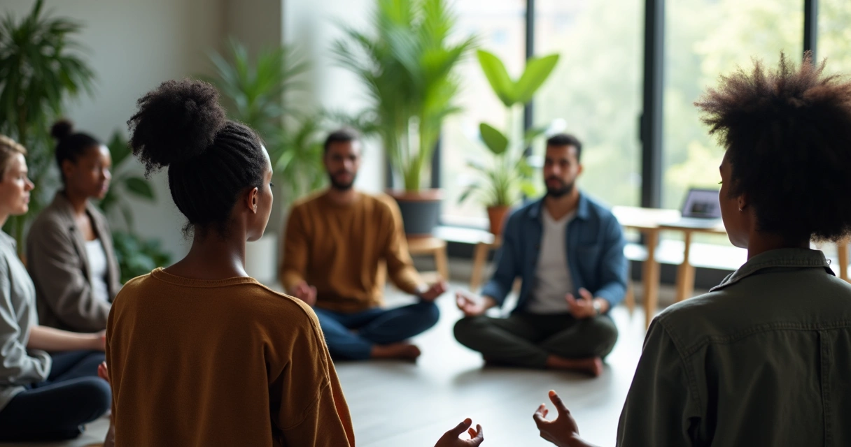 Grupo de funcionários sentados juntos em círculo, praticando meditação no escritório 
