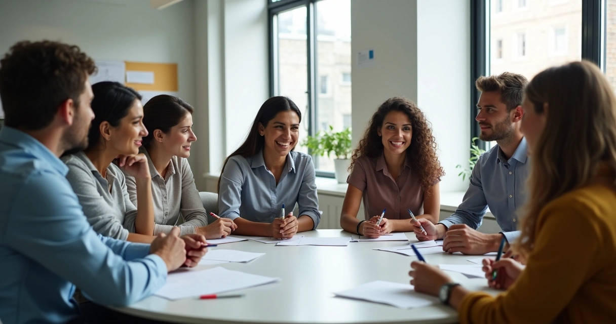 Grupo de funcionários sentados em círculo durante dinâmica de feedback 