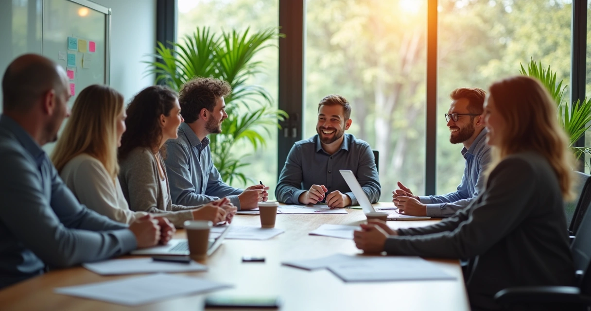 Reunião de colaboradores sorrindo sentados em volta de uma mesa com papéis e laptops