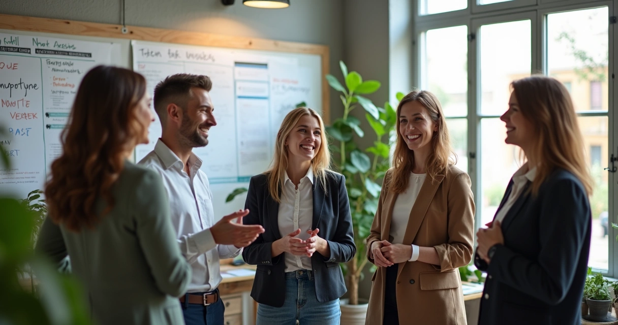 Colaboradores sorrindo em ambiente de aprendizado coletivo