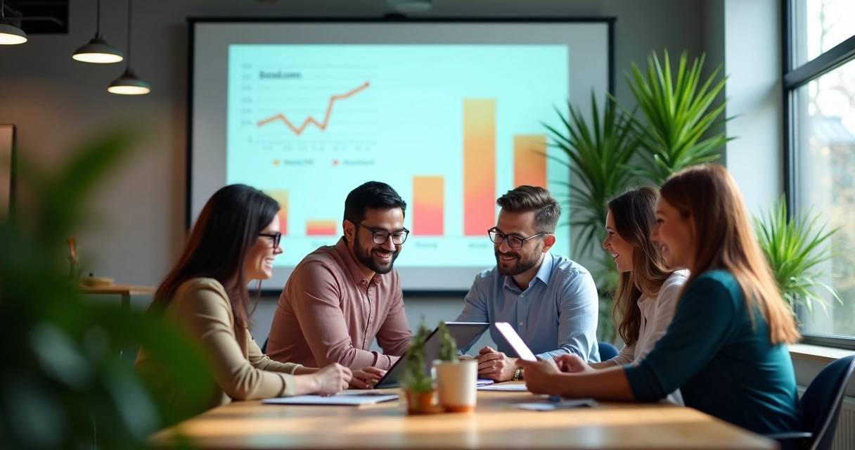 Colaboradores sorridentes em escritório moderno com tablets e gráficos 