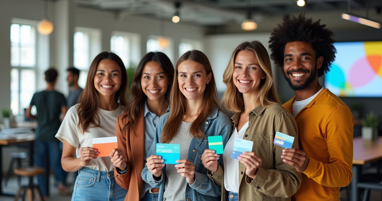 Funcionários sorrindo em espaço moderno, segurando cartões de benefícios flexíveis 