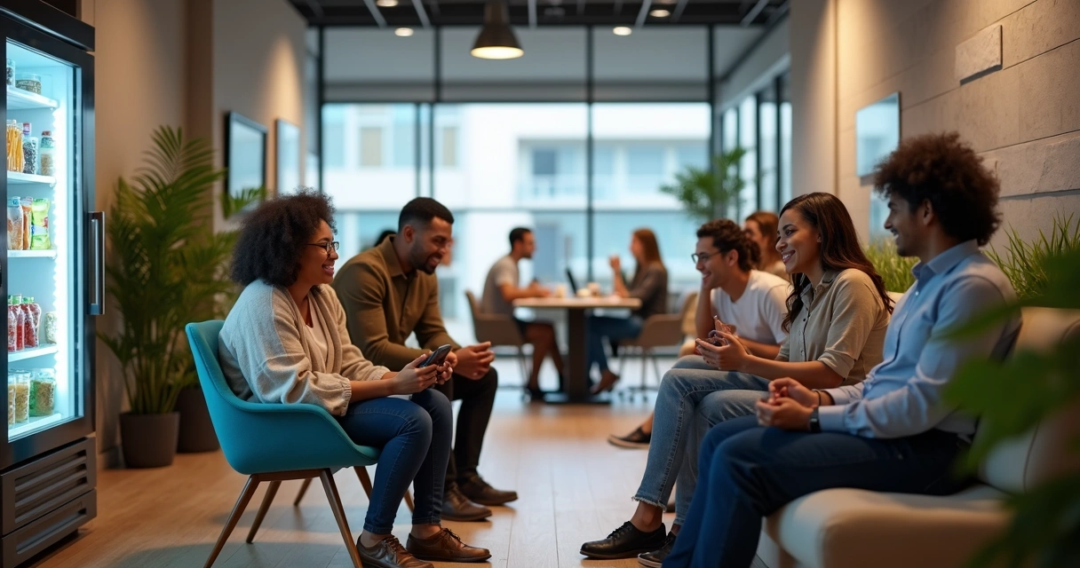 Funcionários relaxando juntos em uma área de descanso corporativa