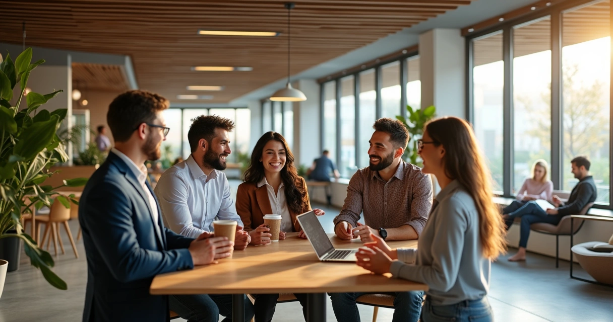 Equipe diversa sorrindo em escritório moderno colaborativo 