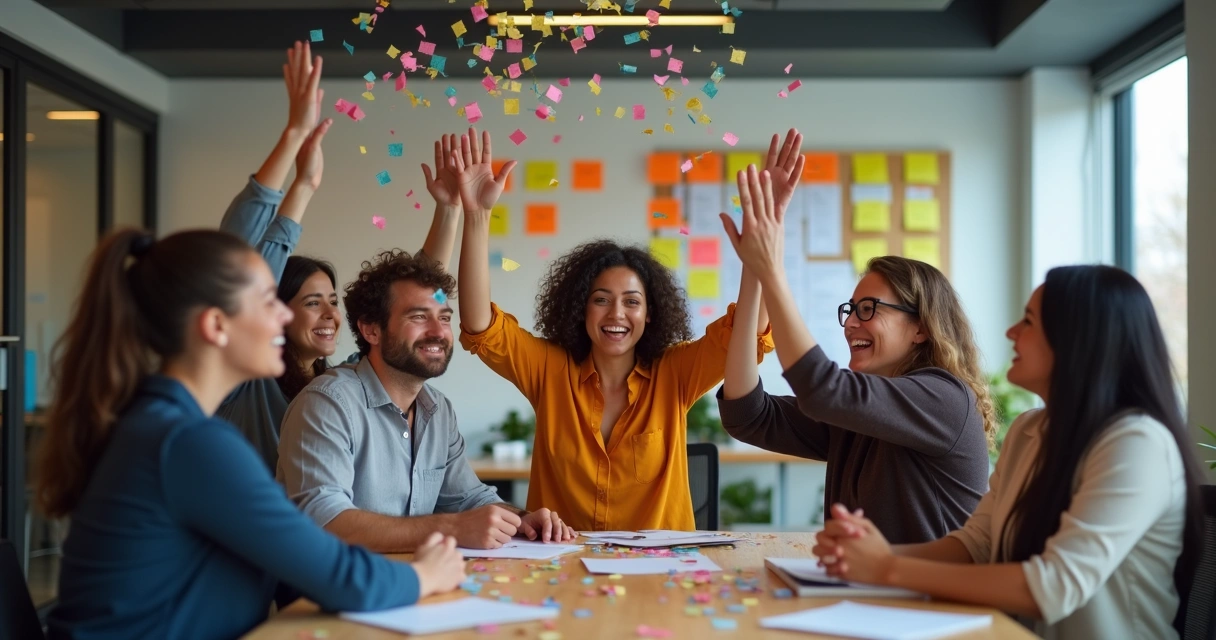 Equipe de colaboradores celebrando feedback positivo 