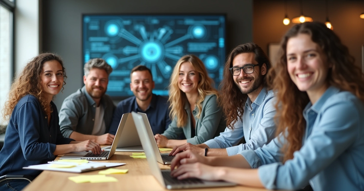 Colaboradores de empresa sorrindo após adoção de IA. 