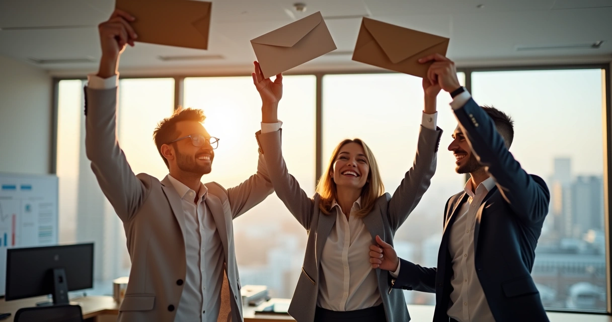Grupo de colaboradores comemorando prêmio em ambiente de trabalho 