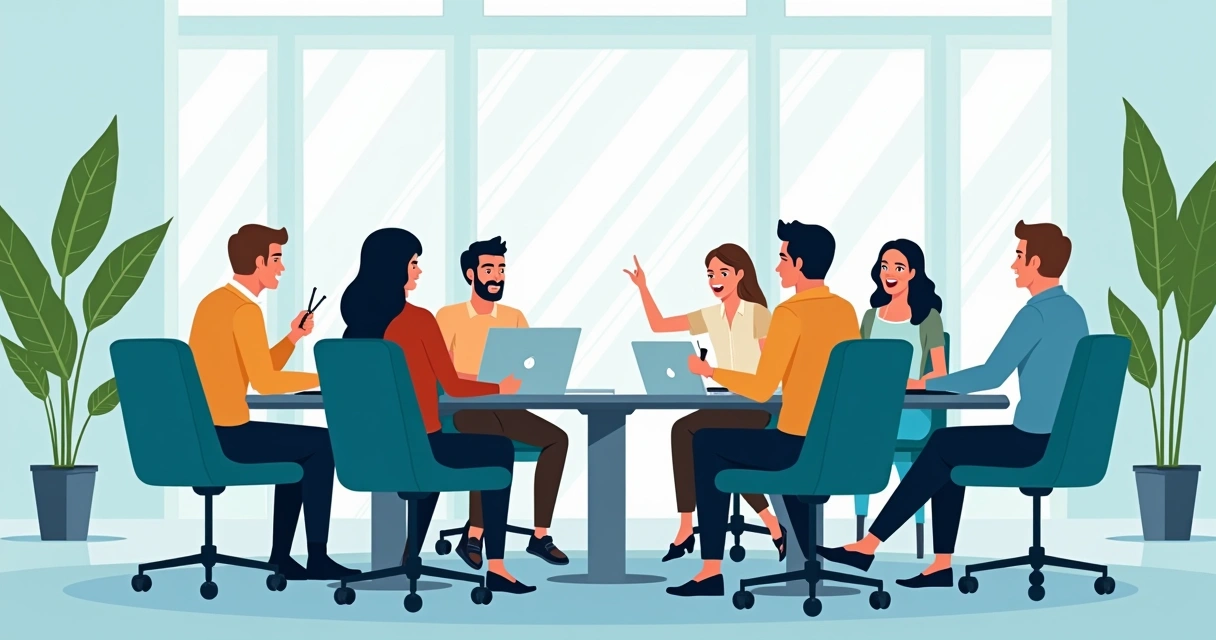 Pessoas sentadas em círculo em ambiente corporativo conversando e sorrindo 