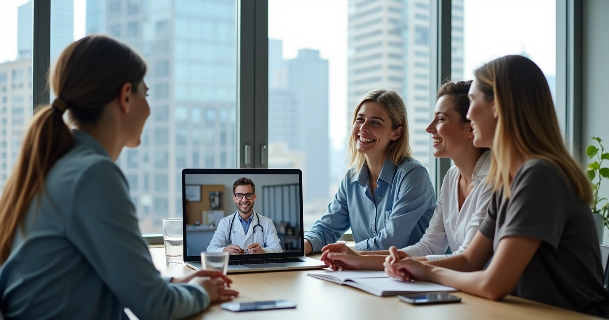 Colaboradores de PME sorrindo em uma videochamada de telemedicina