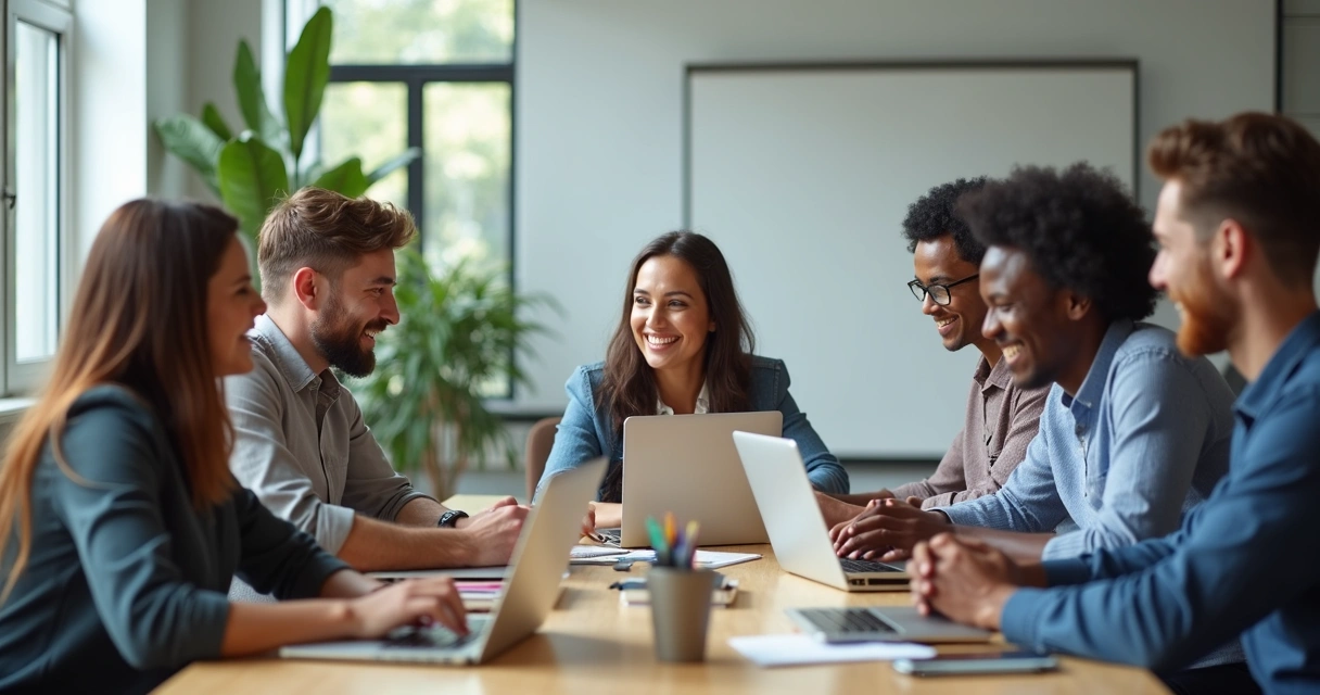 Equipe de trabalho sorridente sentada ao redor de uma mesa de reunião 