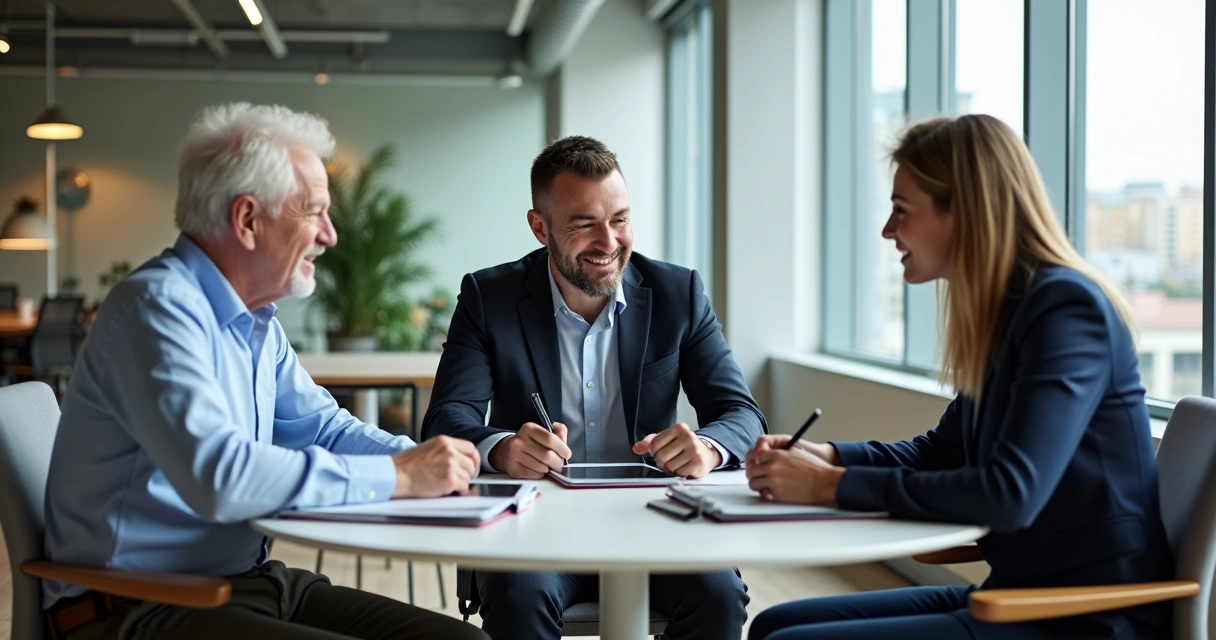 Três colaboradores de diferentes idades discutindo ideias em mesa redonda, bloco de notas e notebooks abertos 