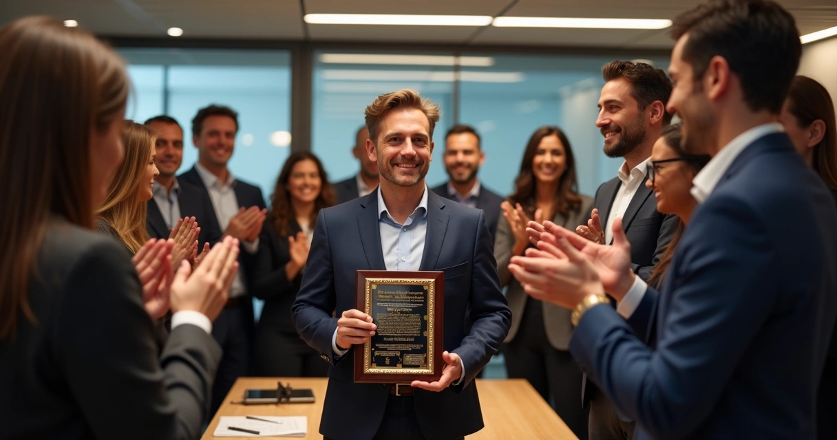 Colaboradores aplaudindo colega em homenagem profissional 