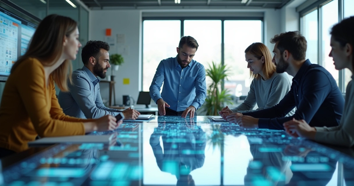 Equipe diversificada de colaboradores usando IA em ambiente de trabalho moderno 