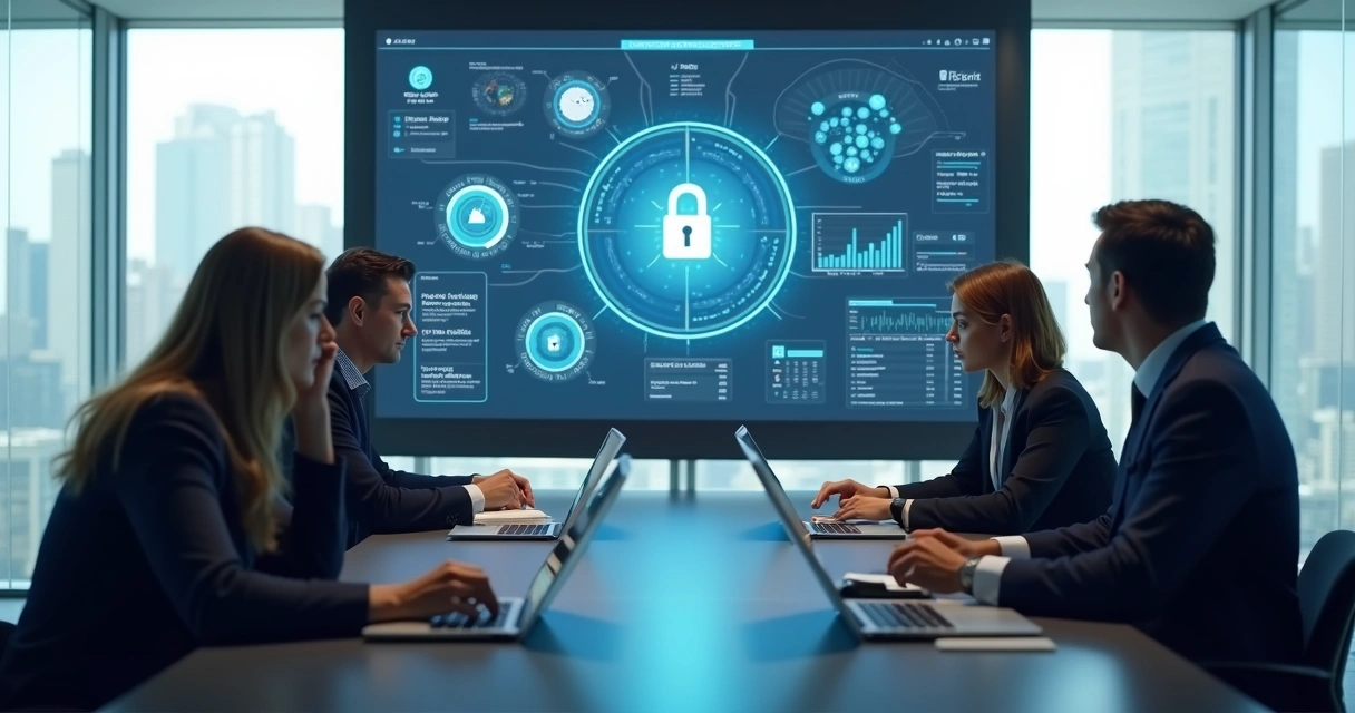 Equipe reunida diante de tela com dashboard de IA proprietária 