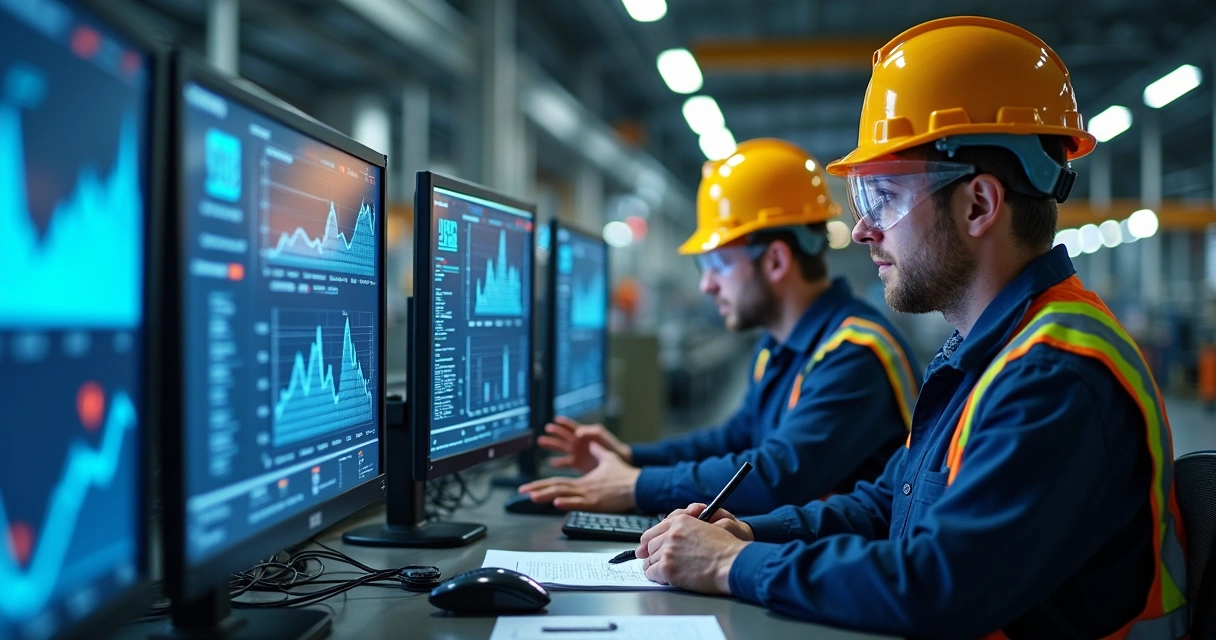 Colaboradores em linha de produção industrial usando EPIs e interagindo com gestor 