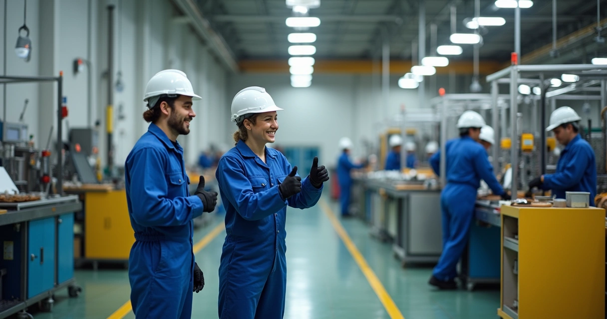 Colaboradores de indústria trabalhando em ambiente seguro e sorrindo 