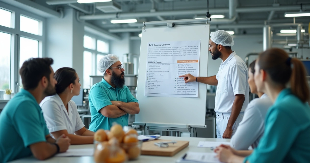 Funcionários de indústria alimentícia em treinamento sobre BPF 