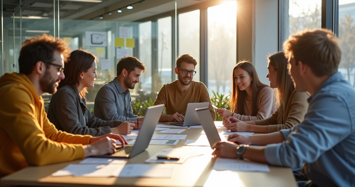 Colaboradores conversando em ambiente de trabalho moderno 
