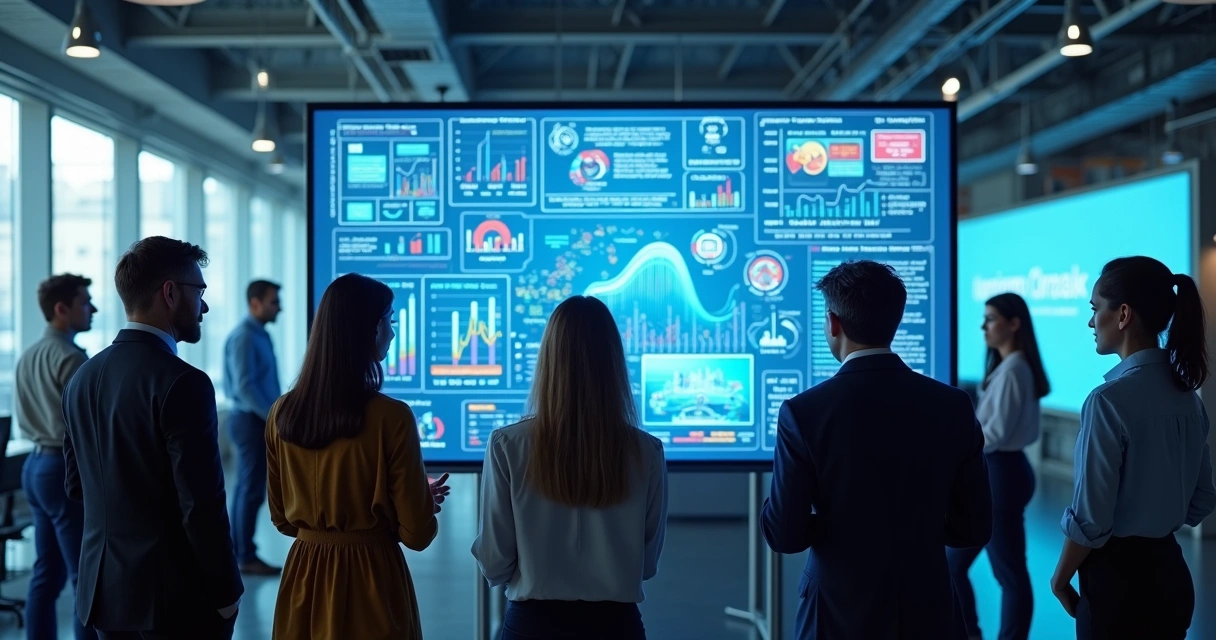 Colaboradores olhando telas digitais interativas em sala moderna