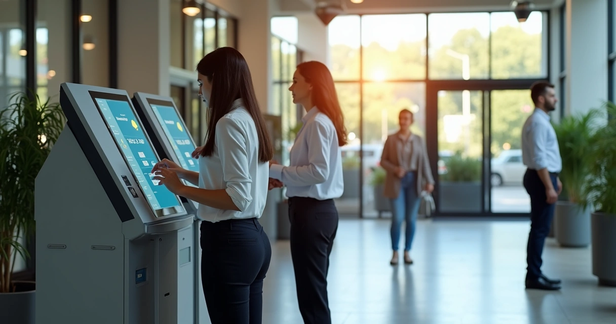 Colaboradores marcando ponto em totens digitais na entrada da empresa 