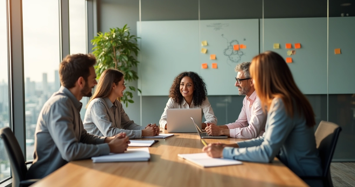 Equipe diversa reunida em sala de reunião com clima calmo e colaborativo 